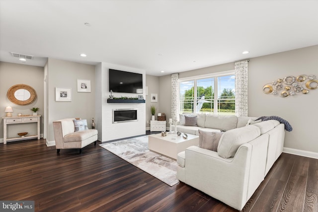 living room featuring a fireplace and dark wood-type flooring