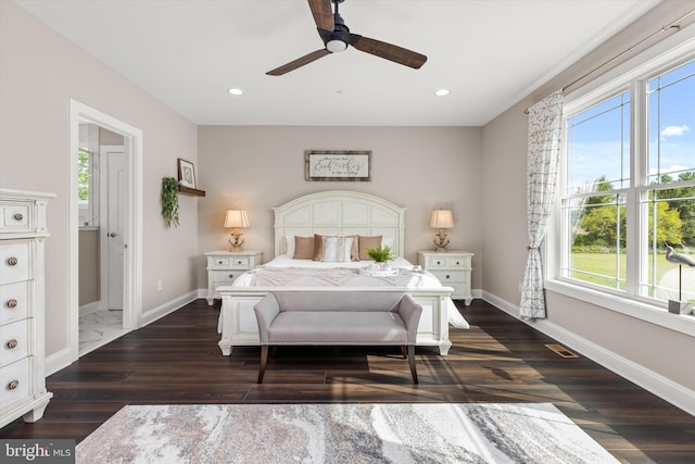 bedroom featuring multiple windows, ceiling fan, and dark hardwood / wood-style flooring