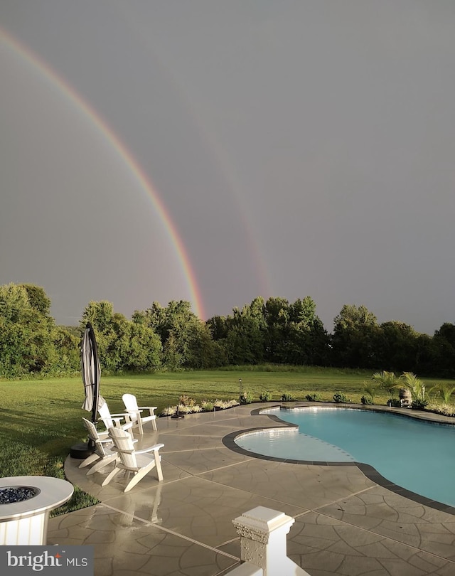 view of pool featuring a patio area and a lawn