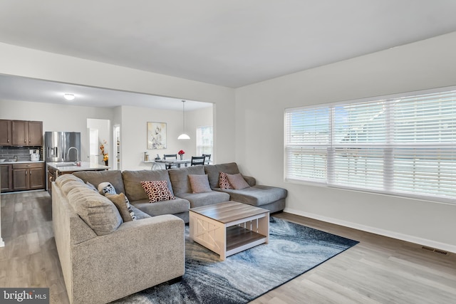 living room featuring hardwood / wood-style flooring and sink