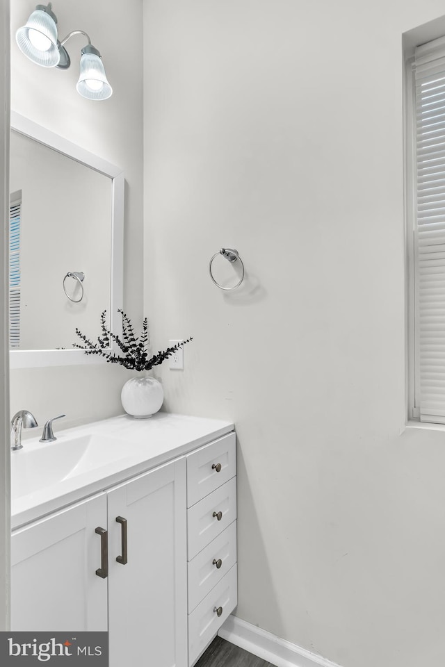 bathroom with vanity and wood-type flooring