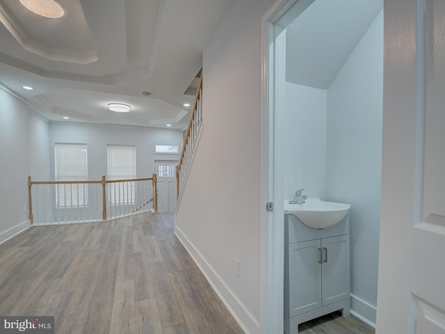 corridor featuring a tray ceiling, light hardwood / wood-style flooring, crown molding, and sink