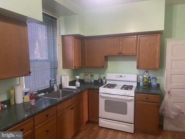 kitchen with dark hardwood / wood-style flooring, gas range gas stove, and sink