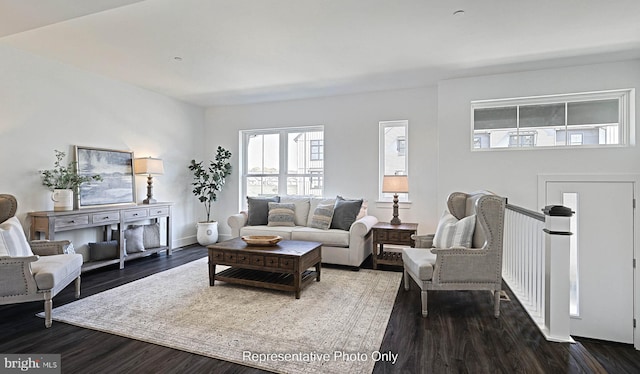 living room featuring dark wood-type flooring