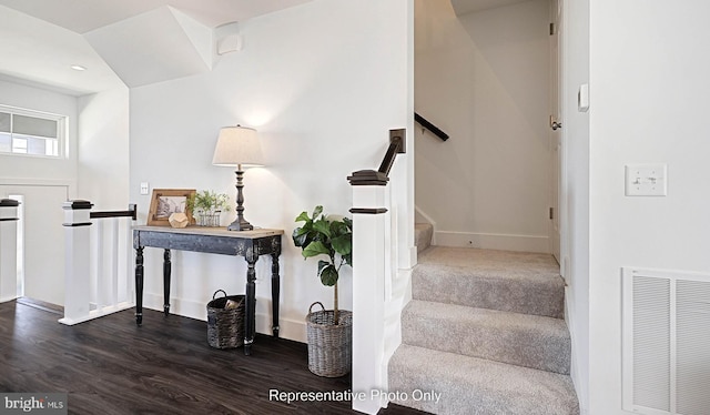 stairs with hardwood / wood-style floors