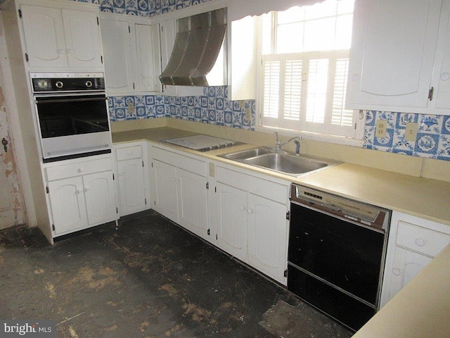 kitchen featuring dishwasher, electric stovetop, sink, ventilation hood, and oven