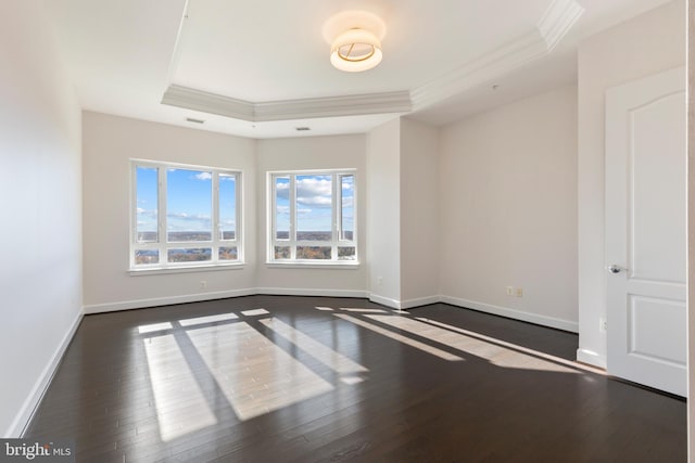 spare room with a raised ceiling, crown molding, and dark wood-type flooring