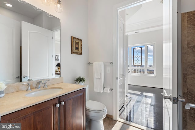 bathroom with vanity, toilet, and wood-type flooring