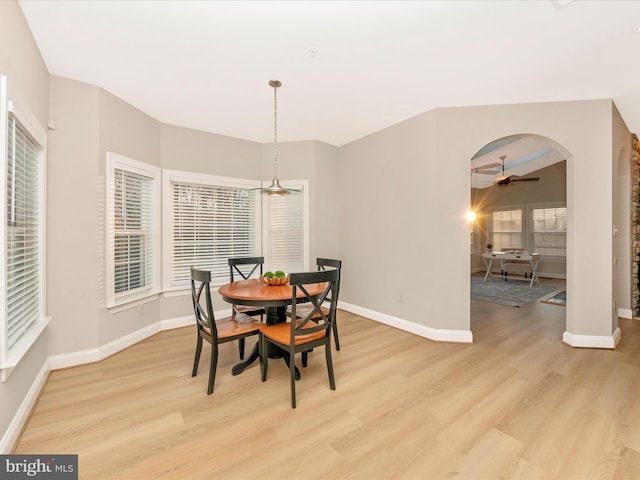 dining space with ceiling fan and light hardwood / wood-style floors