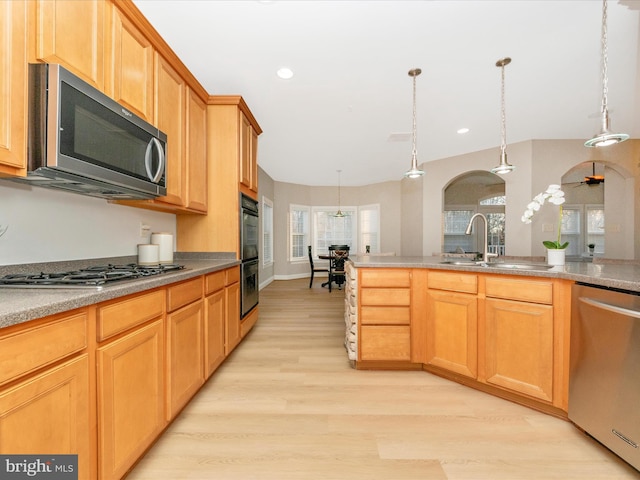 kitchen with sink, ceiling fan, decorative light fixtures, light hardwood / wood-style floors, and stainless steel appliances