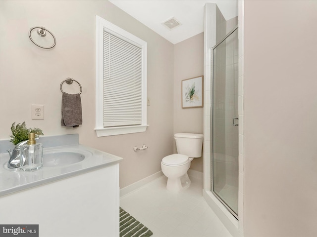 bathroom featuring tile patterned floors, a shower with door, vanity, and toilet