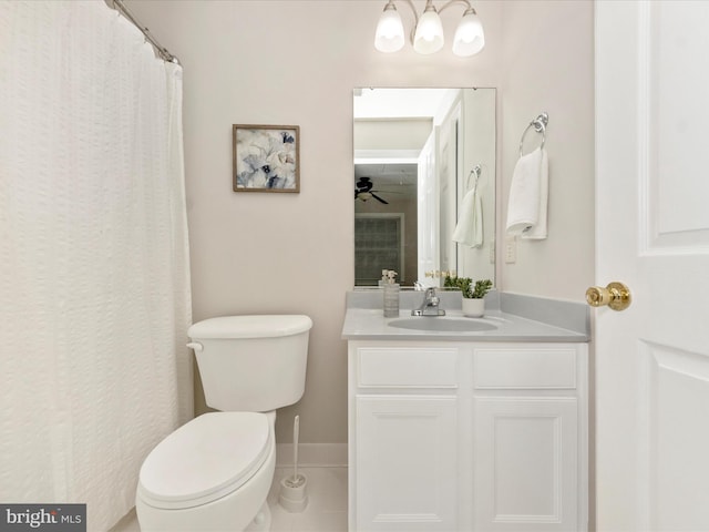 bathroom featuring tile patterned flooring, vanity, toilet, and ceiling fan