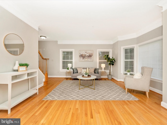 living room with hardwood / wood-style floors and ornamental molding