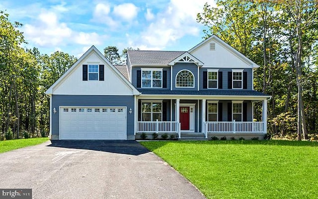 view of front of house featuring covered porch, aphalt driveway, a front lawn, and a garage