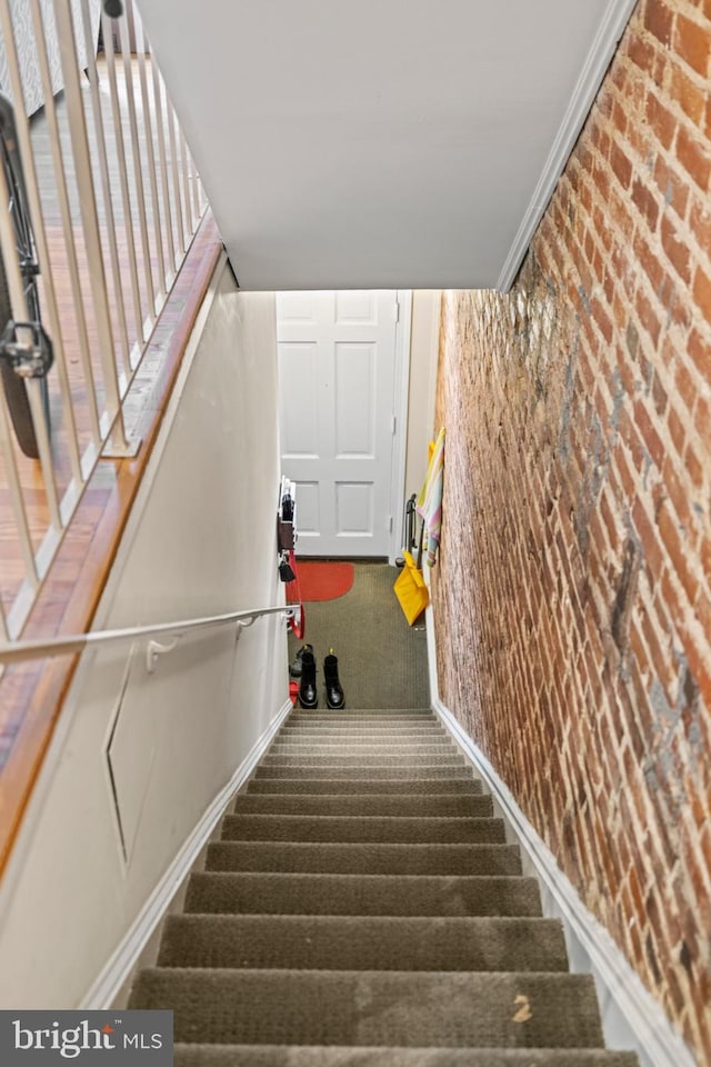 stairs with carpet flooring, crown molding, and brick wall