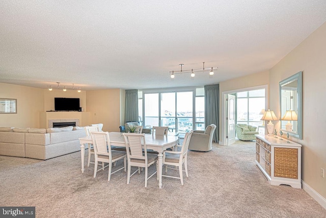 carpeted dining room with a textured ceiling and rail lighting