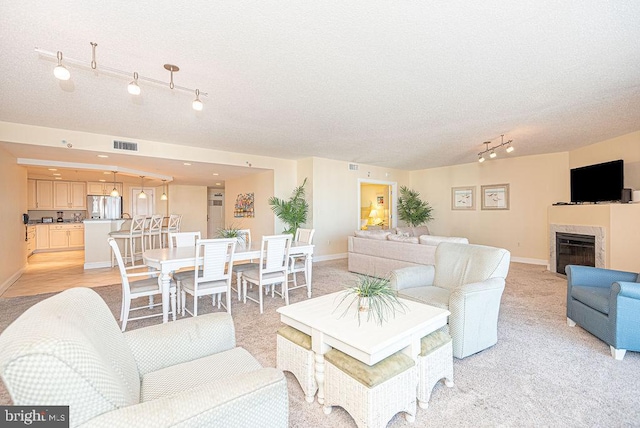 carpeted living room with a textured ceiling