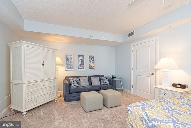 living room featuring light colored carpet and a textured ceiling