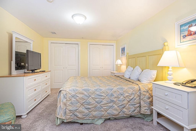 carpeted bedroom with two closets