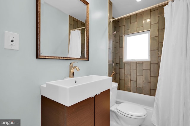 full bathroom with vanity, toilet, and shower / bathtub combination with curtain