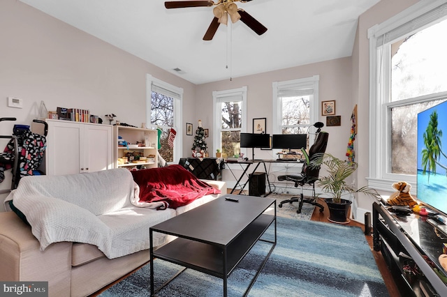 living room featuring hardwood / wood-style flooring and ceiling fan