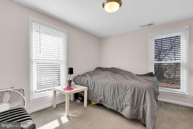 bedroom with multiple windows and light carpet