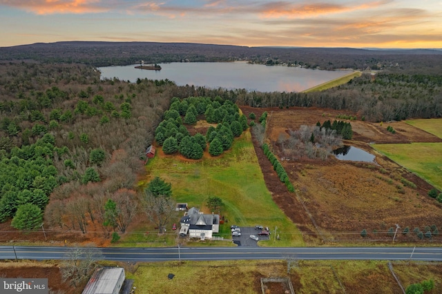 aerial view at dusk with a water view