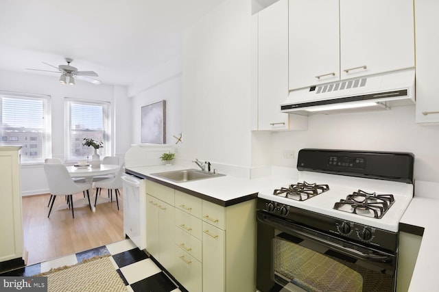 kitchen featuring dishwasher, gas range oven, light countertops, under cabinet range hood, and a sink