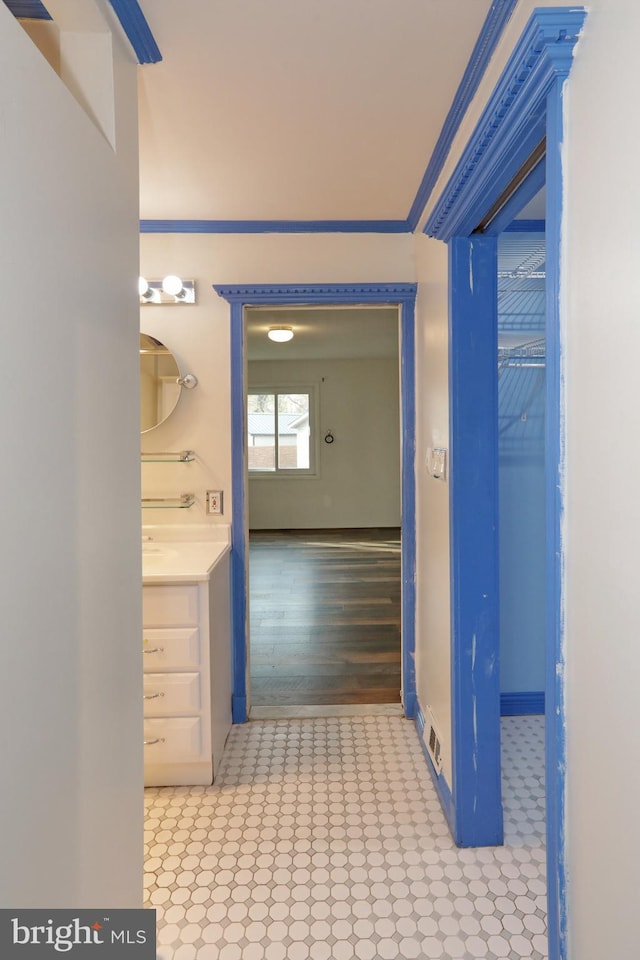 bathroom featuring wood-type flooring, vanity, and ornamental molding