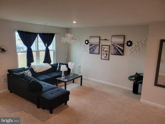 living room featuring light colored carpet