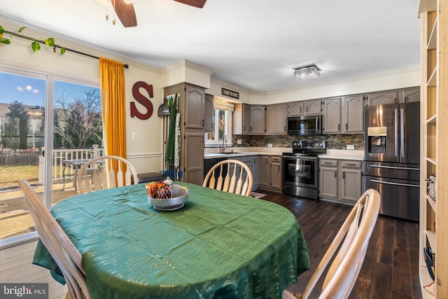 dining space with ceiling fan, dark hardwood / wood-style flooring, ornamental molding, and sink