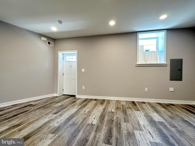 unfurnished room with wood-type flooring and electric panel