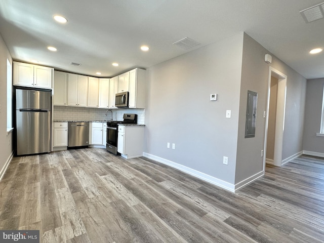 kitchen with backsplash, electric panel, white cabinets, light hardwood / wood-style flooring, and appliances with stainless steel finishes