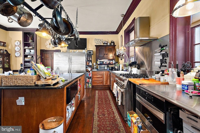 kitchen with ventilation hood, ornamental molding, dark wood-type flooring, and appliances with stainless steel finishes