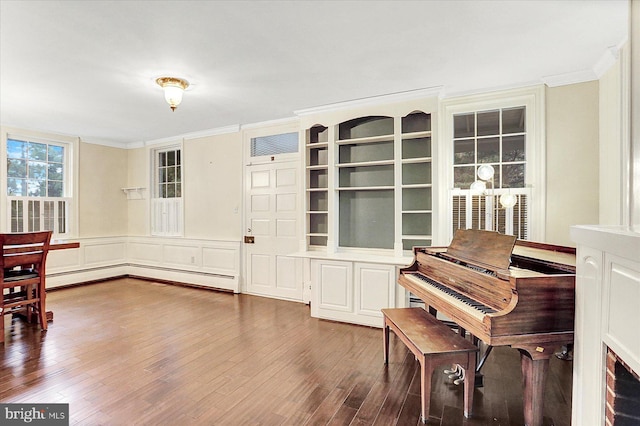 miscellaneous room with wood-type flooring, a baseboard radiator, and ornamental molding