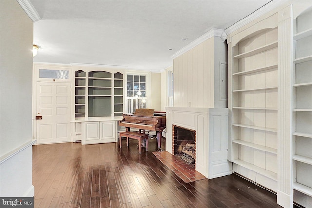 interior space with crown molding, built in features, and dark wood-type flooring