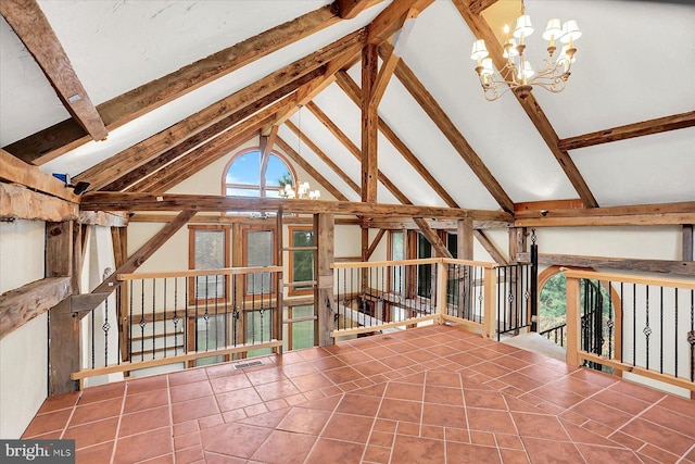 unfurnished sunroom with vaulted ceiling with beams and a chandelier