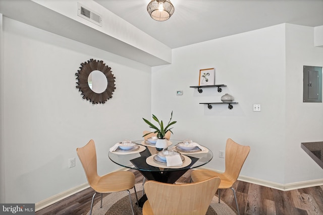 dining area featuring electric panel and wood-type flooring