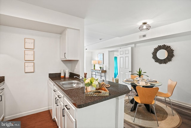 kitchen featuring white cabinets, dark hardwood / wood-style flooring, kitchen peninsula, and sink