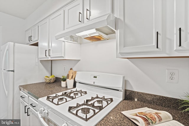 kitchen with white cabinetry and white range with gas cooktop