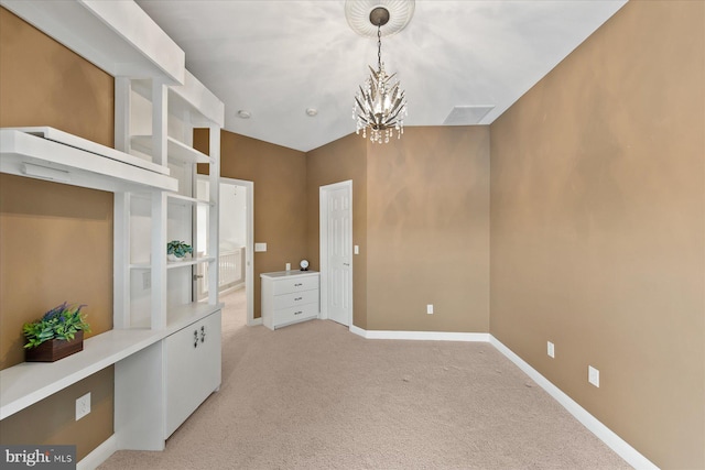 interior space featuring light carpet, baseboards, visible vents, and a chandelier