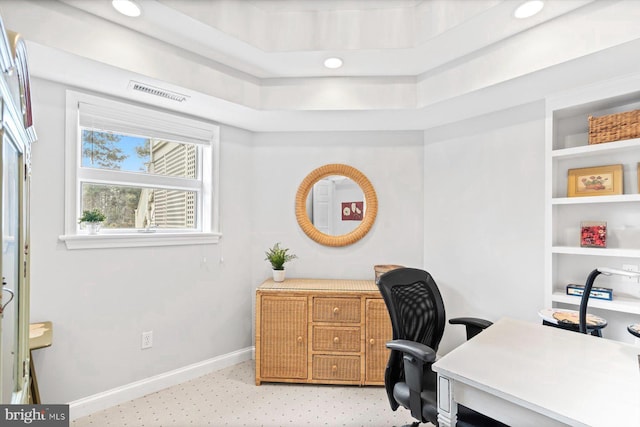 home office featuring baseboards, visible vents, and recessed lighting