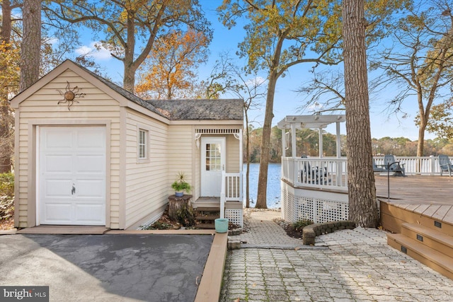 garage with a water view