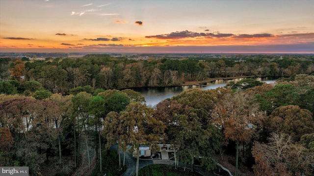 aerial view at dusk with a water view and a forest view