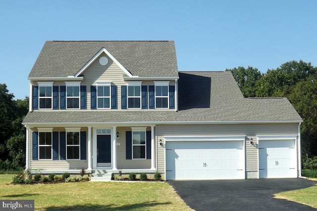 colonial house with a front lawn and a garage