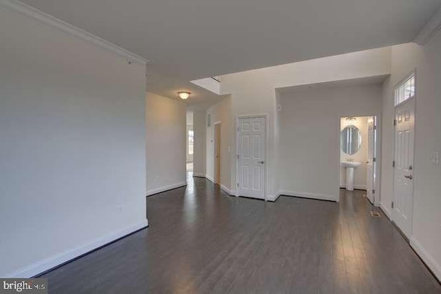 unfurnished room featuring sink, dark hardwood / wood-style flooring, and ornamental molding