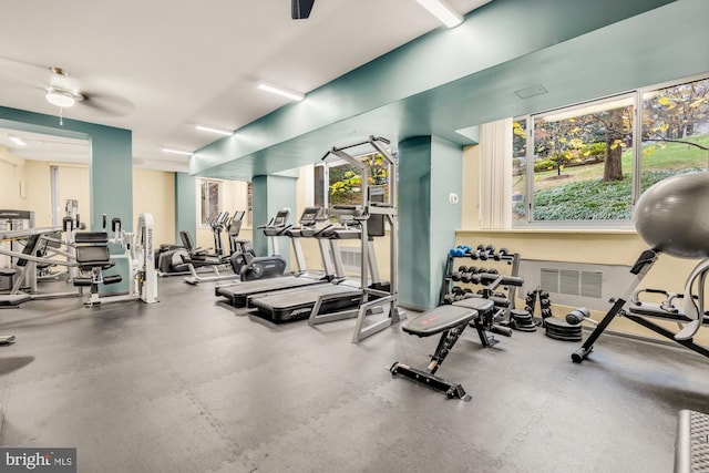 exercise room featuring ceiling fan