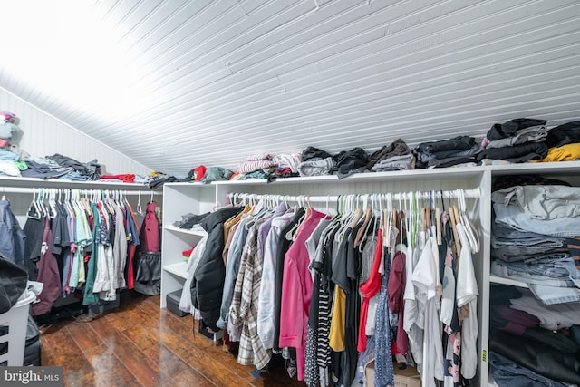 walk in closet with dark wood-type flooring