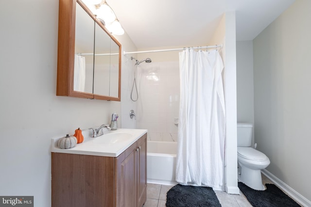 full bathroom featuring tile patterned flooring, shower / bath combo, toilet, and vanity