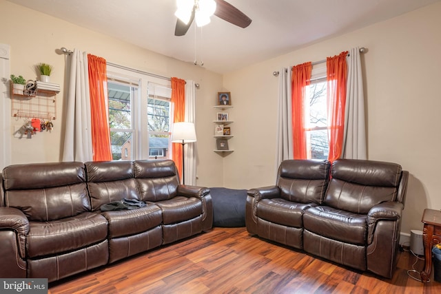 living room with ceiling fan and wood-type flooring